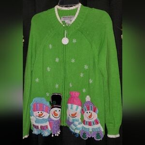 Heirloom Collectibles SZ LG Christmas Collection Zip up green snowman sweater